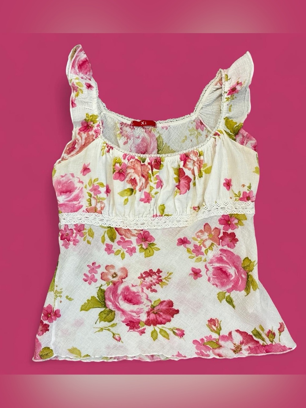 Floral Ruffle-Trim White & Pink Sleeveless Blouse